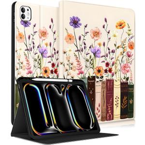 For iPad Pro 13 Inch Case M5 2025/M4 2024 - Smart Folio Cover (Auto Wake/Sleep) with Build-in Pencil Holder for Apple Tablet Soft PU Leather Cover for Women Girls,Painting Flowers (Bookshelf Floral)