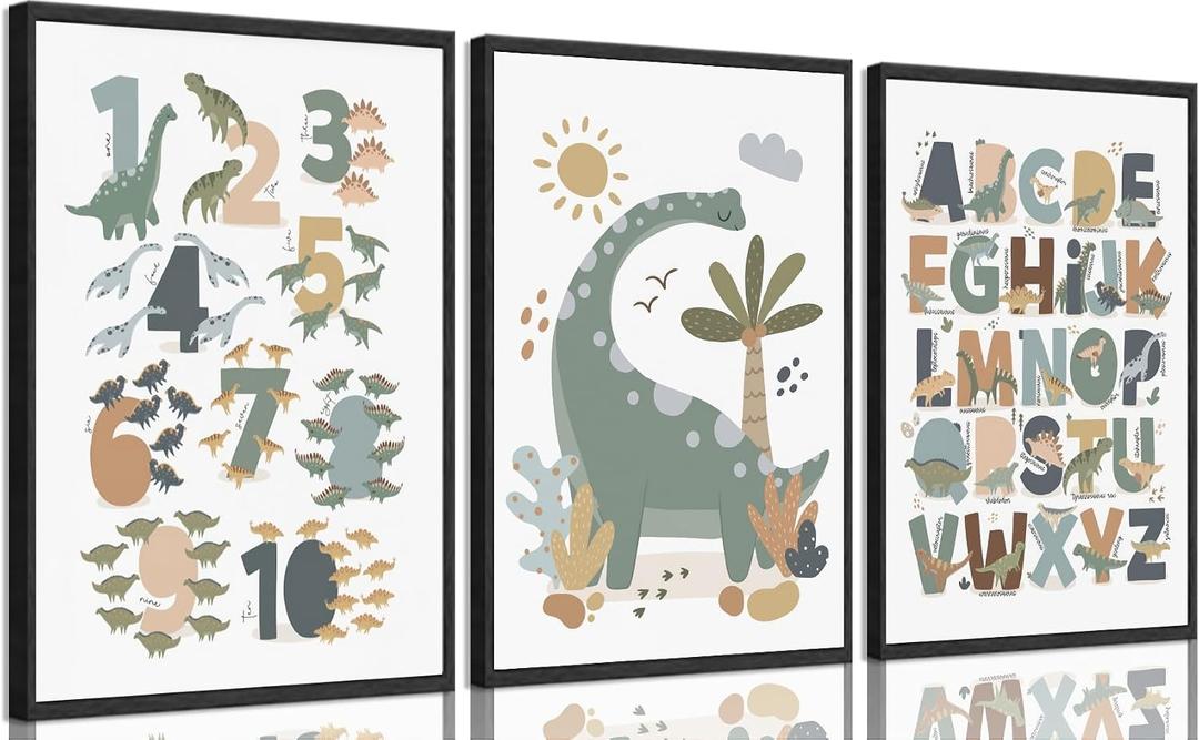 ZLXARTLA Dinosaur Alphabet Numbers Canvas Wall Art Kids Reading Room Wall Decor Pictures Nursery Prints Game Room Painting Artwork for Kids Room Playroom Classroom Reading Nook 16x24in