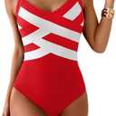 Aidonger One Piece Swimsuit for Women Modest Full Coverage Bathing Suit Slimming Color Block V Neck Swimwear, M