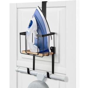 TJ.MOREE Wall Mount/Over The Door Ironing Board Holder with Large Storage Basket, Laundry Room Iron and Ironing Board Holder Storage Holder Black Middle