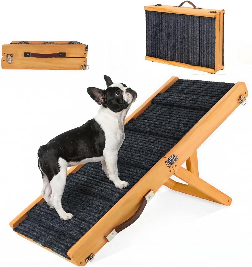 Drakthos Dog Ramp Dog Stairs for Small Dogs Foldable Dog Ramp with 4 Adjustable Heights from 7.48'' to 15.35" Wood Pet Ramp with Non Slip Carpet Portable Puppy Ramp for Couch, Sofa, Low Bed
