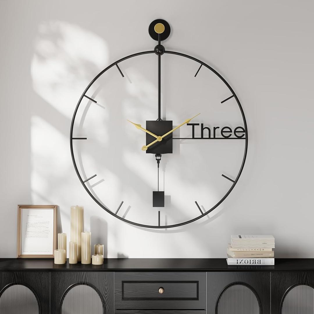 Cuspin 24 inch Large Wall Clock with Pendulum, Modern Metal Wall Clock Battery Operated Silent Non-Ticking, Black Pendulum Decorative Clocks for Living Room, Bedroom, Office, Kitchen, Home