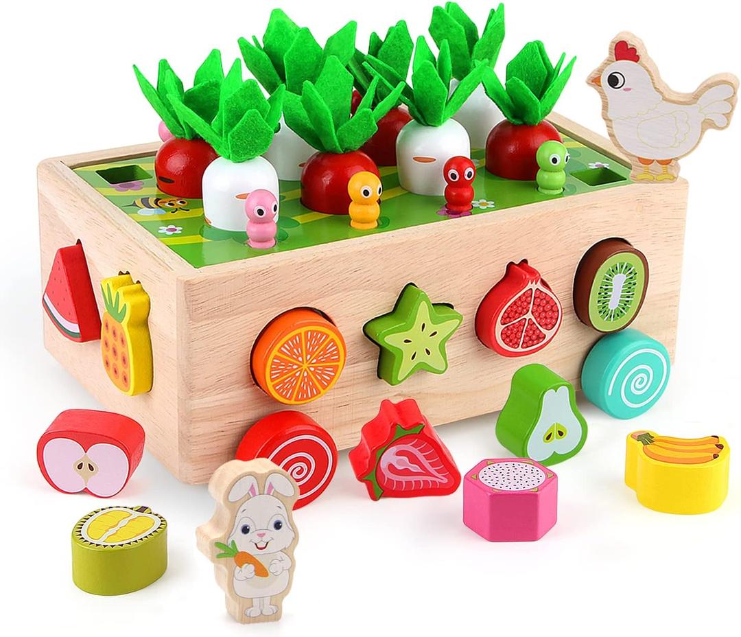 SKYFIELD Montessori Wooden Garden Toy for Baby Boys Girls 1 2 3 Years Old, Fine Motor Skills Developmental Gift Toy Color Shape Fruit Sorting Orchard Cart Farm Game for Toddler 1-3