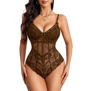 Avidlove Bodysuit for Women Sexy Lace Top One Piece Lingerie V Neck Mesh Tops Going Out Cami Naughty Push Up Body Suit S-XXL (XL, Brown)