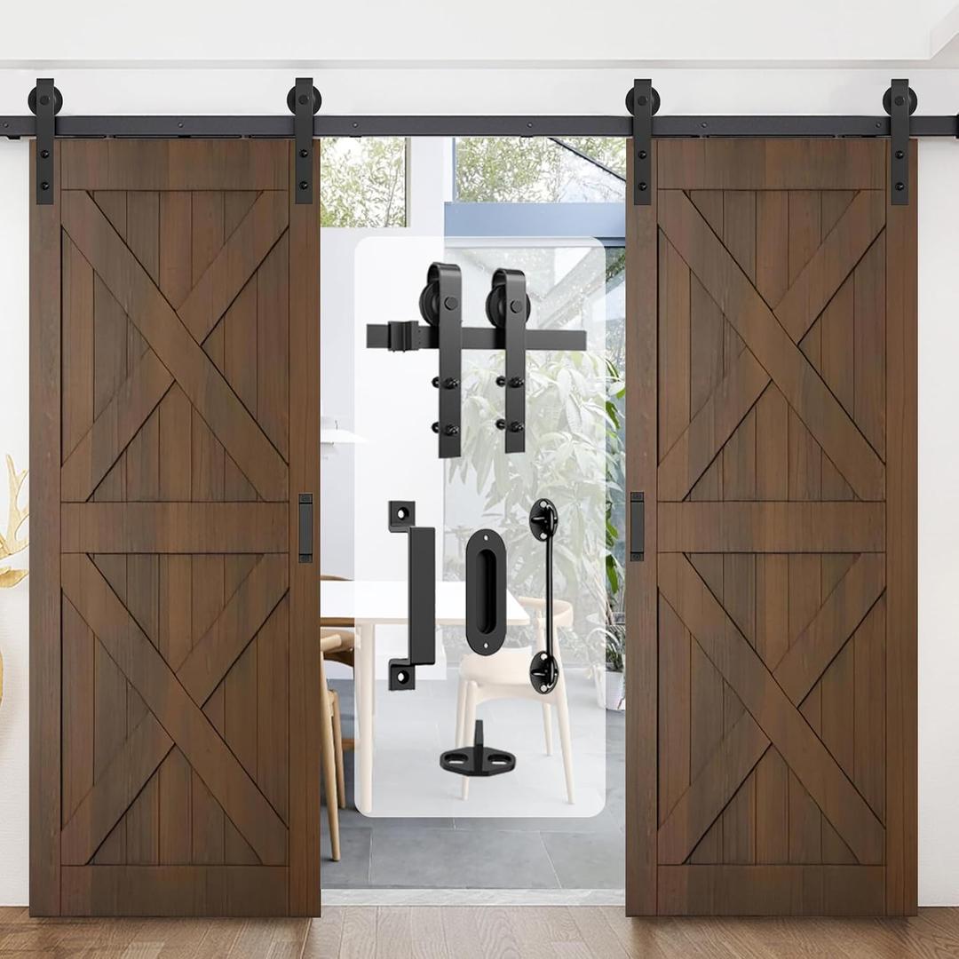 Arti-Life 12FT Double Barn Door Hardware Kit Heavy Duty Sliding Door Track Kit with Hook and 2 Handles,Smoothly and Quietly Hardware for Interior and Exterior Fit 36" Wide Door Panel (J Shape Hanger)