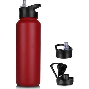 40 oz Insulated Water Bottle with Straw, Stainless Steel Sports Water Bottles with 2 Lids (Straw and Wide Mouth lid), Double Wall Vacuum, Leakproof, BPA-Free, Red