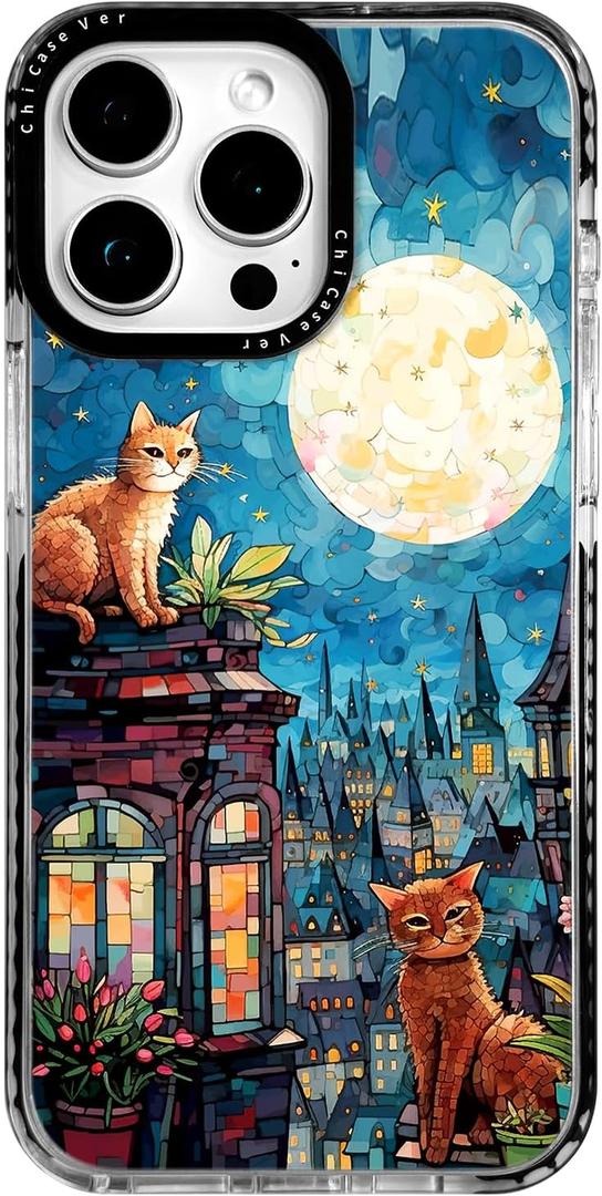 for iPhone 15 Pro Case, Starry Night Cats on Rooftop Pattern, Military-Grade Drop Protection, Cute Fantasy Soft Slim TPU Protective & Camera Protection for Women & Girls (CatGlass)