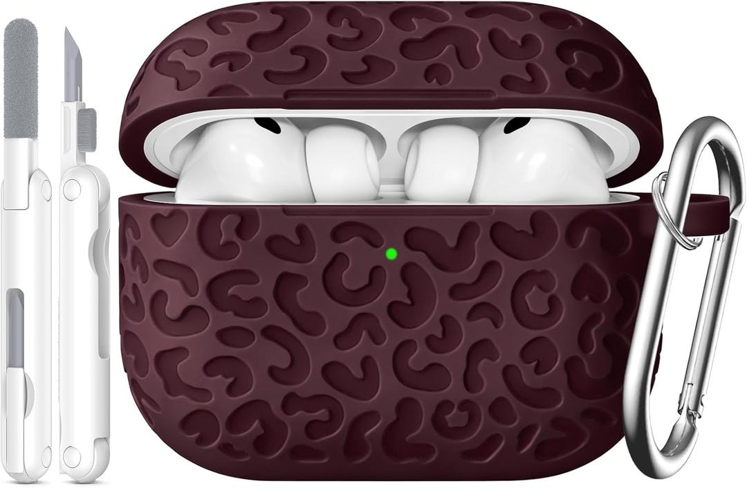 Leopard Carving for AirPods Pro 3 Case 2025,Pattern Design Cute Soft Silicone Protective Cover for Man/Women/Girly - with Keychain &Cleaning Kit (J-Red)