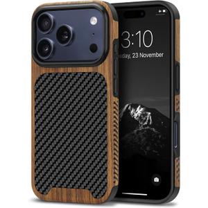 TENDLIN Compatible with iPhone 17 Pro Max Case Wood Grain with Carbon Fiber Texture Design Leather Hybrid Slim Case (Black)