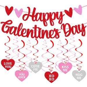 Happy Galentines Day Banner Galentines day Decorations Glitter Red Pink Heart Hanging Swirls Valentines Day Theme Party Decorations Pack Valentine Party Supplies
