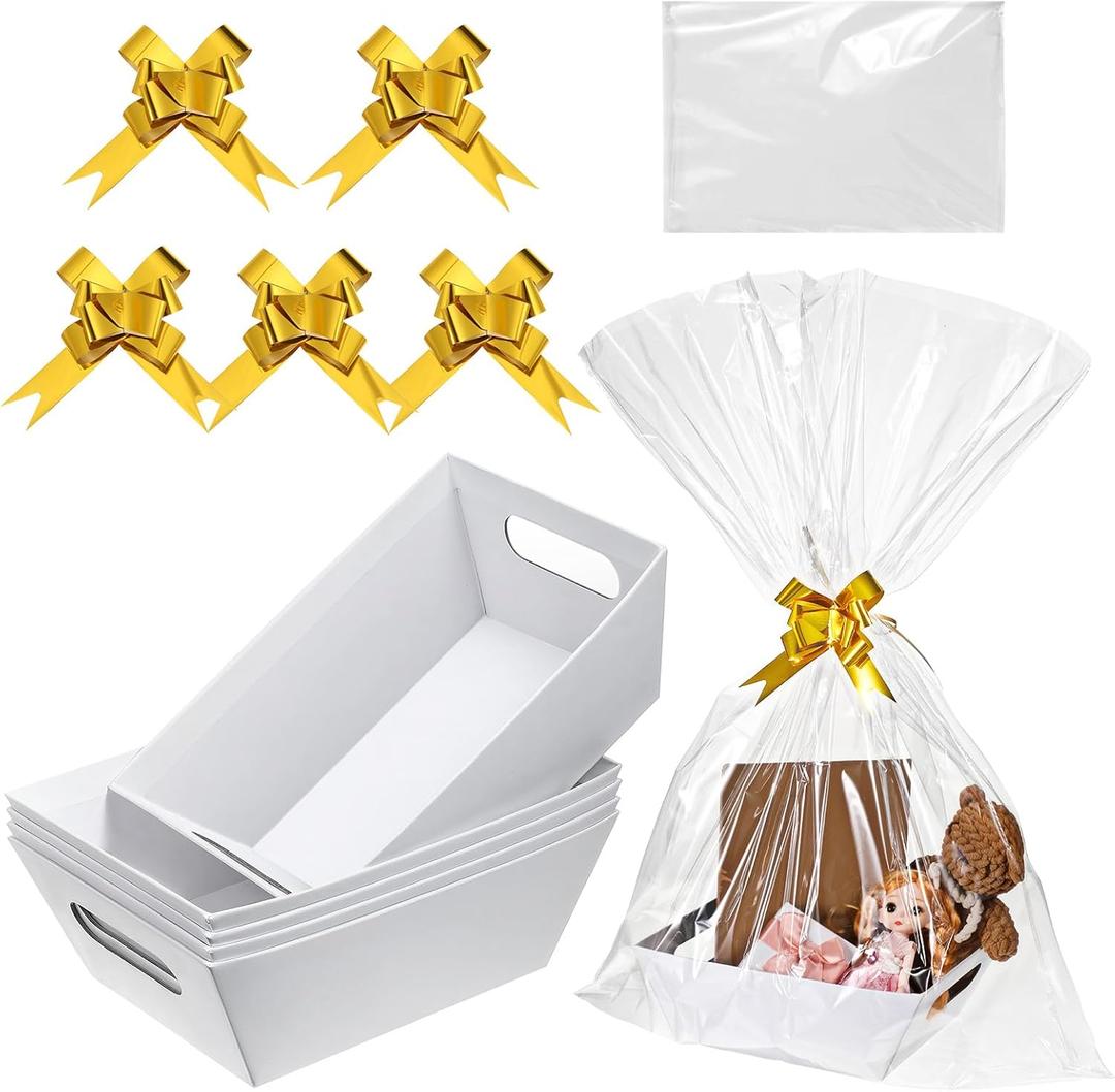 5 Pcs Baskets for Gifts Empty to Fill, White Empty Gift Basket Kit with Bags, Pull Bows Sturdy Cardboard Basket with Handles for Gifts, Wedding, Party, Christmas, Thanksgiving, Birthday