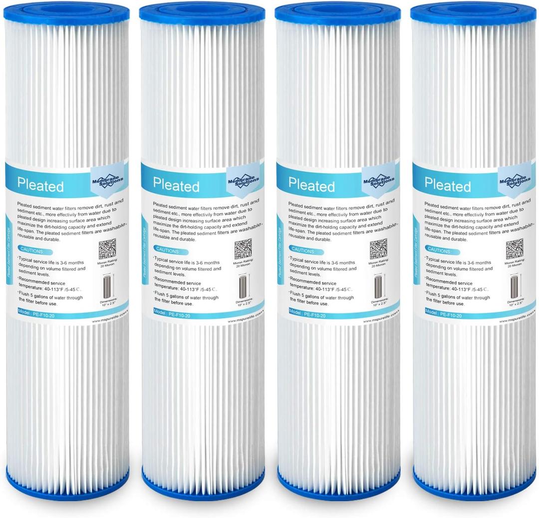 Membrane Solutions 20 Micron Pleated Polyester Sediment Water Filter 10"x2.5" Replacement Cartridge Universal Whole House Pre-Filter Compatible with W50PE, WFPFC3002, SPC-25-1050, FM-50-975 - 4 Pack