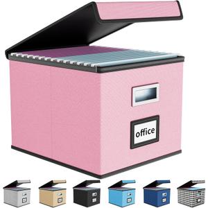 Huolewa Collapsible File Storage Organizer Box with Lid, Linen Document Storage, Universal Hanging Filing Organization Box for Letter/Legal Folder, Decorative Office/Home File Bins - only box (Pink)