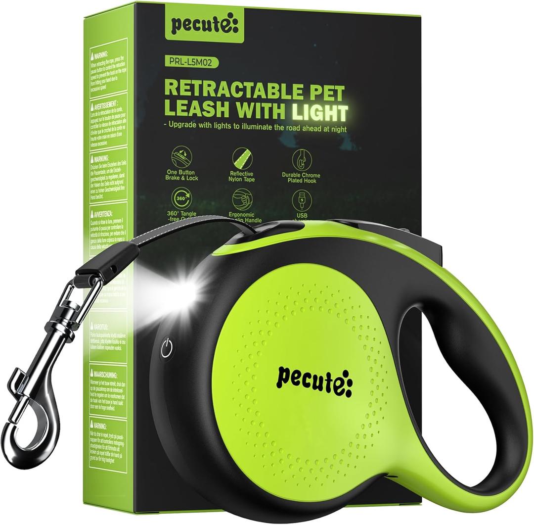 Retractable Dog Leash with Light, 16.4 ft Retractable Pet Leash with Anti-Slip Soft Grip, 360 Tangle-Free, One-Button Control, Reflective Leashes for  Medium Dog Up to 66 lbs