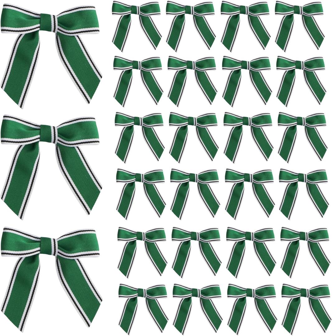 30 Pcs St. Patricks Day Ribbon Bows 4 Inch Green Clover Bow Shamrock Holiday Bows for Gift Wrapping, Cake Pops, Treat Bags (Green White Black)