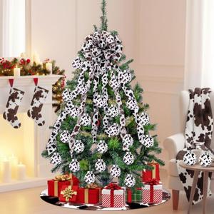 Soulchen 14 Pcs Cowhide Christmas Tree Decorations Set, Western Cow Tree Bow Topper Rustic Skirt and 12 Plastic Hanging Balls Country Ornament for Farmhouse Xmas Winter Holiday Party Decor