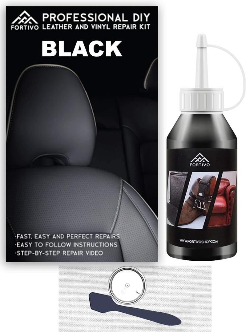 FORTIVO Black Leather and Vinyl Repair Kit - Repair and Restore Furniture, Couches, Car Seats, Jackets, Purses, Belts, Shoes, Works on Genuine, Italian, Bonded, PU, Pleather, No Heat Needed