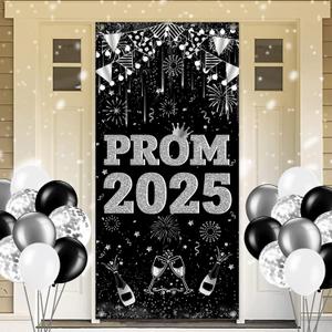 Prom Send Off Decorations 2025 Door Banner, Black and Silver Prom Banner with Balloons Prom Decorations 2025 Door Banner for High School College Graduation Party Decor (Sliver)