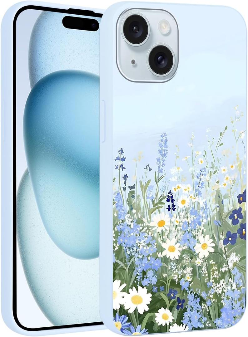 Cute Blue Flower Phone Case for iPhone 15 Case 6.1", Aesthetic Trendy Floral Wildflower Pattern Shockproof Anti-Scratch Soft Slim Flexible Silicone Blue Funda Cover for Women Girls