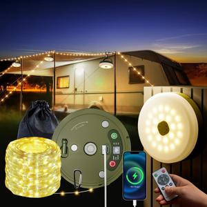 Upgraded Outdoor Retractable Camping Lights String, 33FT Camp String Lights with Snap, Rechargeable String Light 9 Modes, Led Camping Lights for Tent (Yellow)