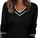 WIHOLL Lightweight Sweaters for Women Long Sleeve V Neck Knit Outfits with Decorative Buttons (3X-Large, Color Block Black)