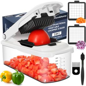 Ourokhome Chopper Vegetable Cutter with Container, Manual Hand Food Onion Dicer with 2 Chopping Blades for Potato Strips, Veggie Cubers, Carrot Sticks, Essential Kitchen Gadgets (2 in 1, White)