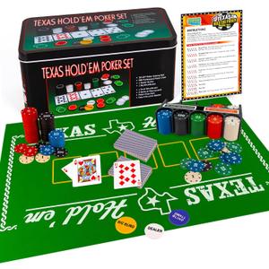 Gamie Texas Holdem Poker Game Set - Includes Holdem Mat, 2 Card Decks, Chips, Chip Holder and Tin Storage Box - Fun Game Night Supplies - Cool Casino Gift for Kids & Adults