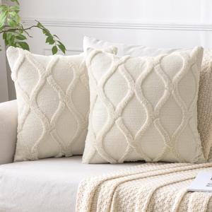 MIULEE Spring Decorative Throw Pillow Covers Beige 18x18 Inch Set of 2, Soft Plush Faux Wool Couch Cushion Covers Farmhouse Throw Pillows for Couch Bed Sofa Living Room