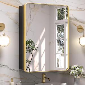 Keonjinn 24"x32" Gold Medicine Cabinet Mirror, Stainless Steel Framed