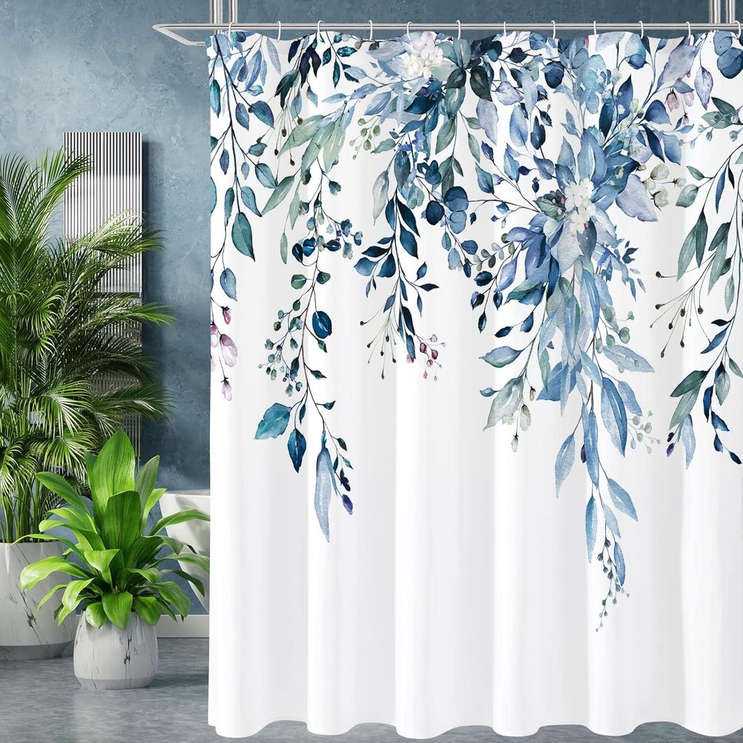 Gibelle Blue Eucalyptus Shower Curtain, Watercolor Plant Leaves with Floral Bathroom Shower Curtain Set, 72x72