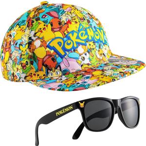 Pokemon Baseball Cap Sunglasses Boys Girls Bucket Hat for Kids Unisex Pikachu Adjustable Strap Summer Accessories (One Size)