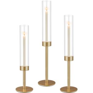 3Pcs Hurricane Glass Candle Holders Gold Candlestick Holders Taper Candle Holder with 9.8" Windproof Clear Cylinder Covers for Outdoor Indoor Tall Candle Stick Holder Decor for Wedding Party Fireplace