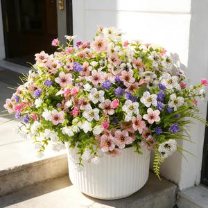 Fake Flowers for Outdoor UV Resistant 24 pcs Pink Summer Artificial Flowers Outdoors, Realistic Faux Silk Flowers Fade Resistant, Fake Plants  Flowers for Garden Porch Planters Window Patio Wedding (Pink  White with Green Ferns)