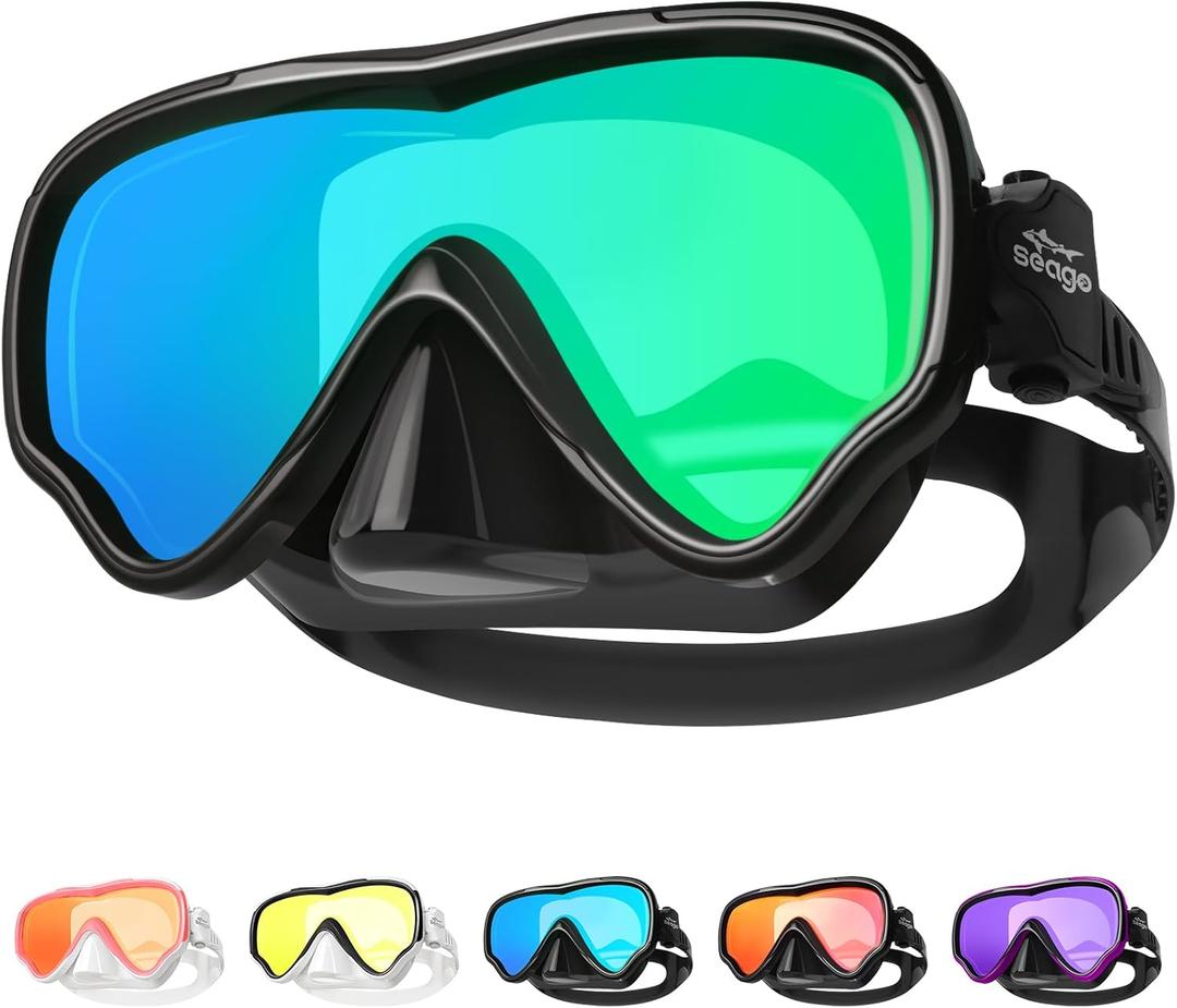 Seago Adult Swim Goggles Mask Mirrored Tempered Lens, Anti UV/Fog No Blurring Clear Wide View with Nose Cover for Men Women