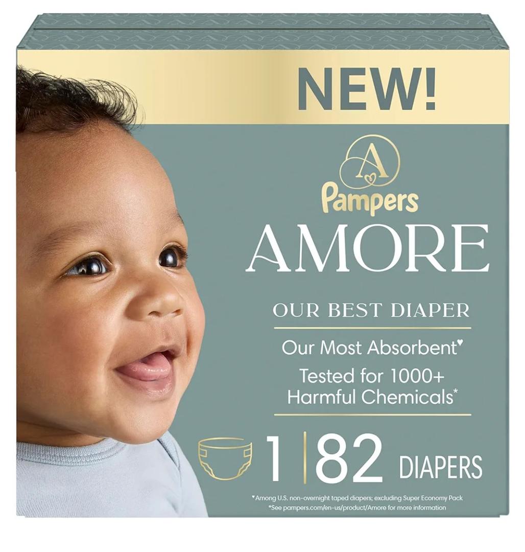Pampers Amore, Size 1 (8-14 lbs), 82 Count, Our Best Diaper – Hypoallergenic & Fragrance Free, Up to 100% Leakproof, Soft as Cashmere