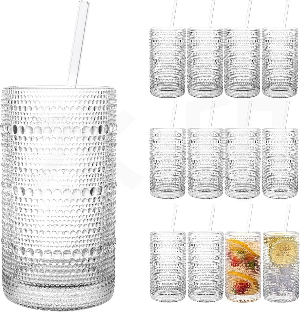 Dingerjar Upgraded Large Capacity 16 oz/480 ml Hobnail Glasses Drinking Set of 12 - Heavy Vintage Glassware