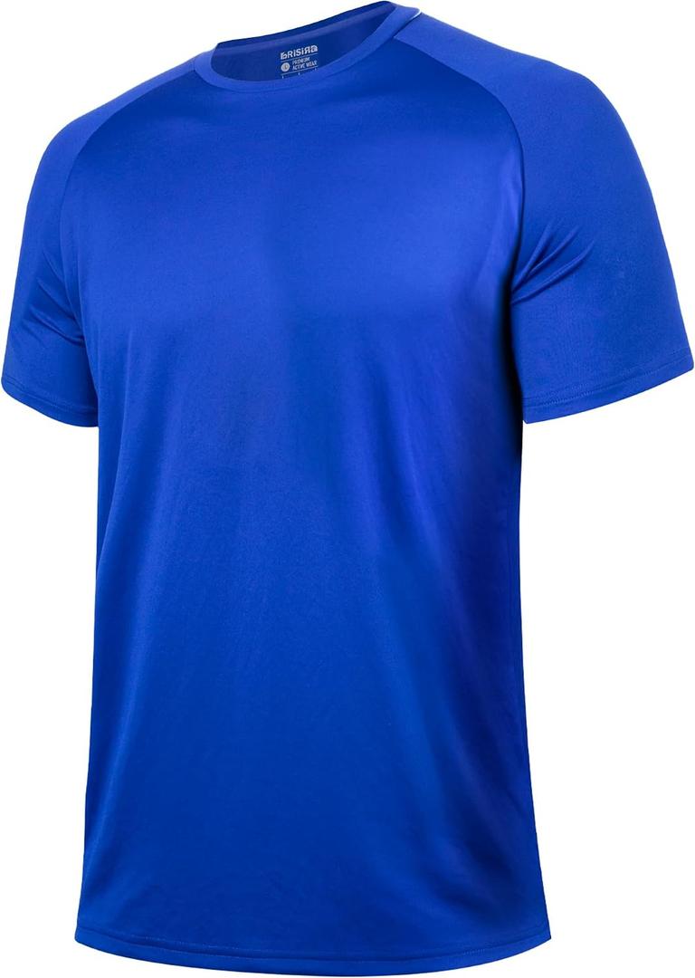 BRISIRA Coolmax Cooling Workout Shirts for Men Quick Dry Moisture Wicking Gym Tshirts Athletic Active Short Sleeve Tees (Blue, XL)