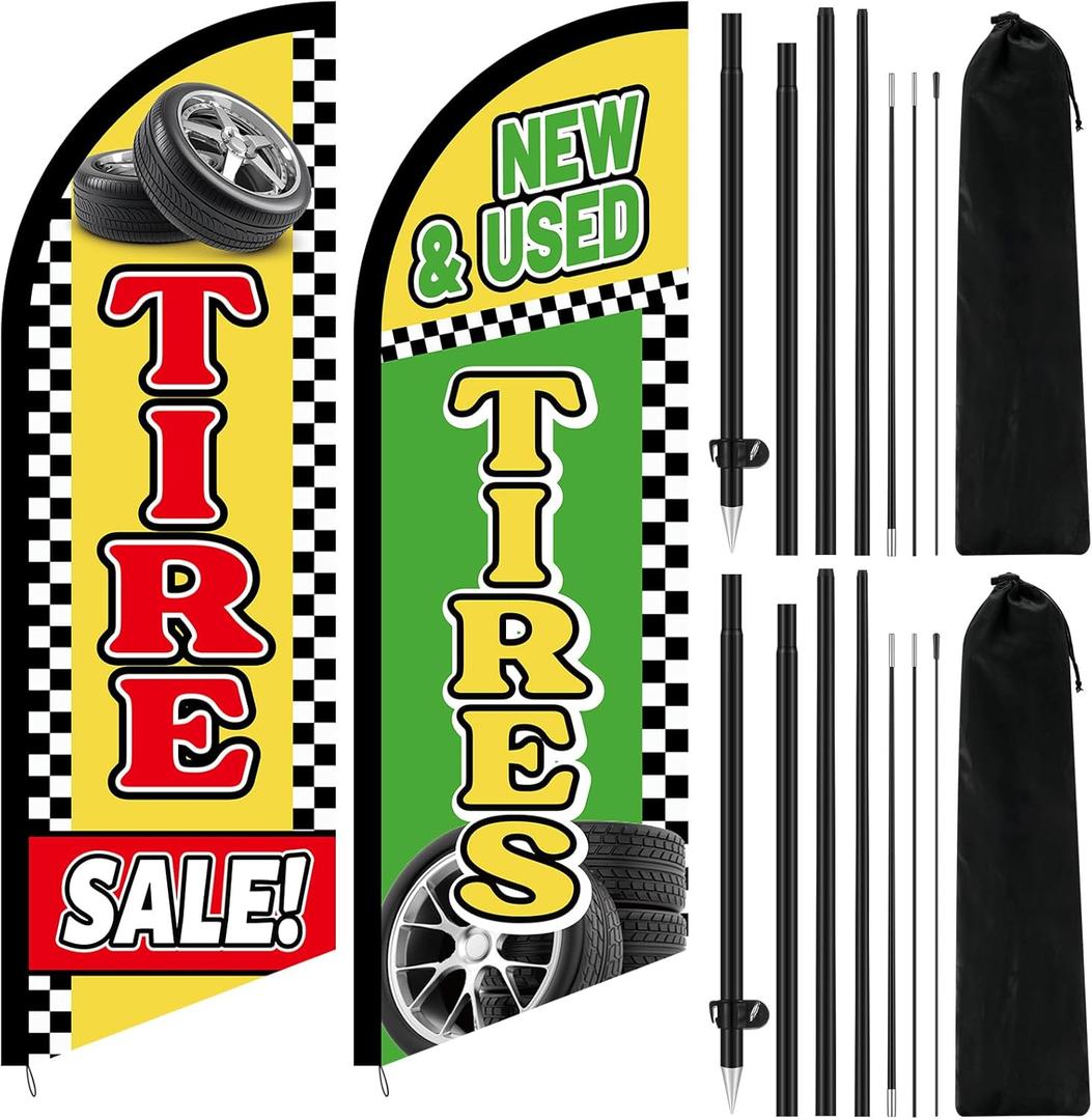 2 Pcs 8.2 Feet Tire Sale King Flags New and Used Tires Shop Feather Flags with Pole for Businesses Highly Visible Weatherproof Polyester Banner to Sale Tyre Advertising Signs Supplies