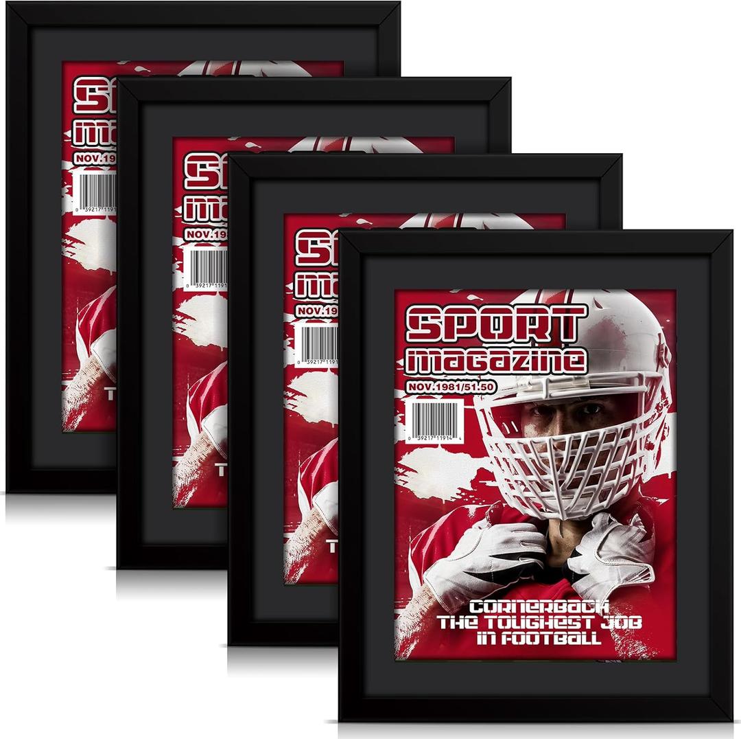 Geetery 4 PCS Sports Magazine Frame Fits Measuring 8.5 x 11.25 Inch Magazine Display Frame with Installed Hangers and Core Matting Plastic for Wall Hanging(Black, Black Mat)