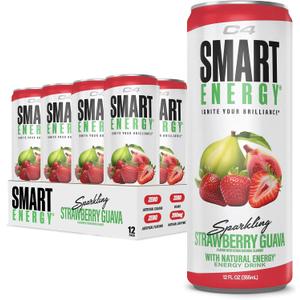 C4 Smart Energy Drink - Sugar Free Performance Fuel & Nootropic Brain Booster, Coffee Substitute or Alternative | Strawberry Guava 12 Oz - 12 Pack (EXP 11/01/26)