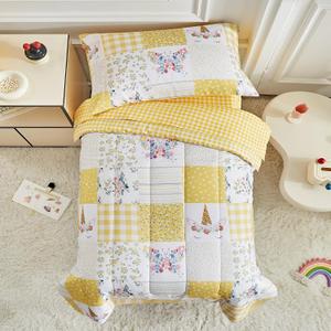 Toddler 4 Piece Toddler Bedding Set for Girls- Butterflies Flowers Yellow n White Patchwork Design, Microfiber Toddler Bedding Comforter Set for All Seasons (Blanket 54x40 In)