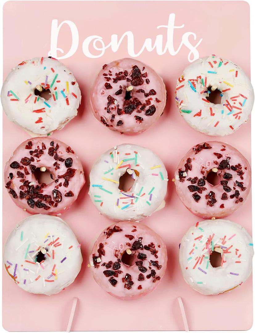 Donut Stand for Party, Donut Wall Holders for Table, Reusable Wood Doughnut Pegboard for Baby Showers, Bridal Shower, Birthday, Wedding, Holds 9 Donuts (Pink)