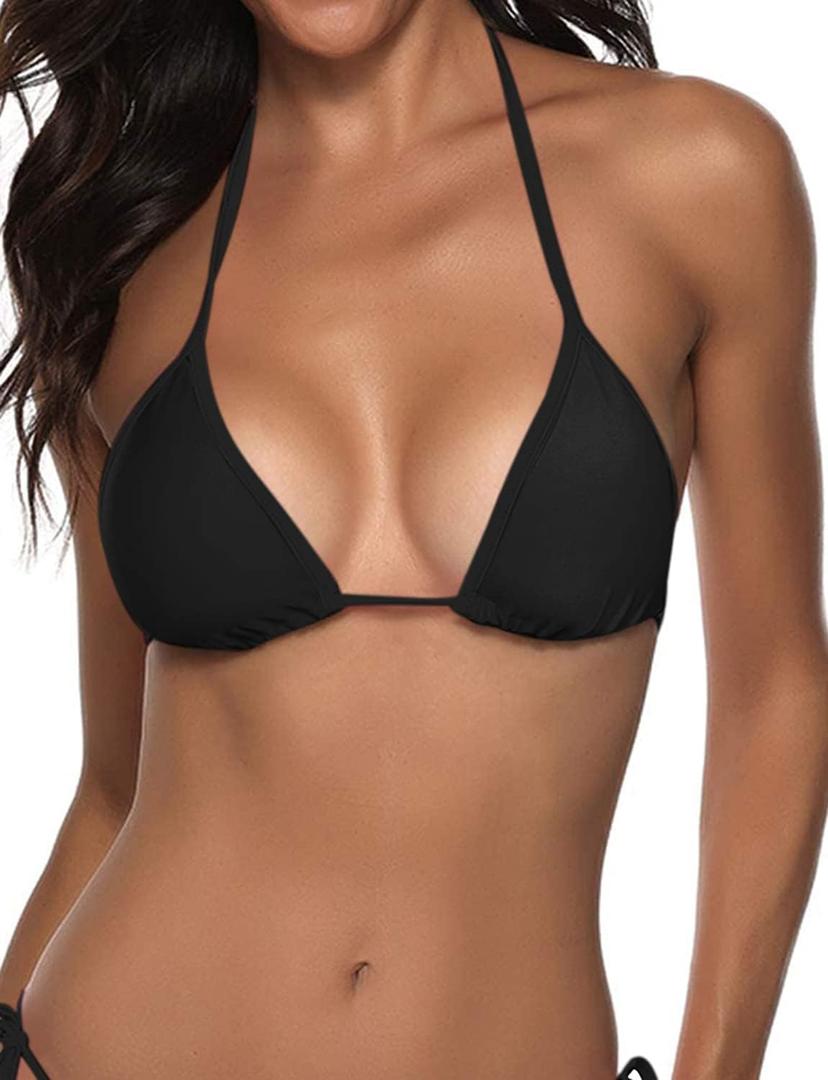 Suvimuga Women's Triangle Bikini Top Push up Padded Halter String Bathing Suits Top (Black), S