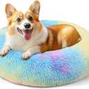 28in Large Dog Bed, Medium Size Dog and Cats, Calming Donut Bed for Puppy and Kitten, Washable Round Fluffy Pet Bed (Rainbow)