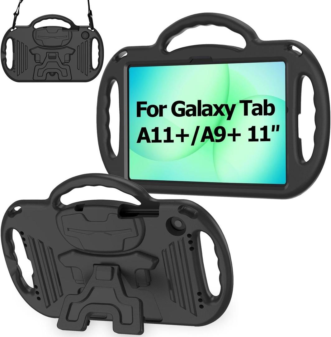 AVAWO Kids Case for Samsung Galaxy Tab A11+ Plus/A9+ Plus 11 Inch Case, with Strap, Shockproof Lightweight Handle Stand 2025/2023 Model with Lanyard, Black