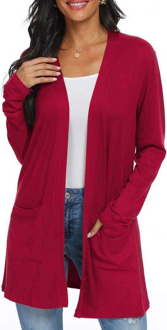 Womens Casual Lightweight with Pocketes Long Sleeve Open Front Cardigan (XX-Large, A02 Red)