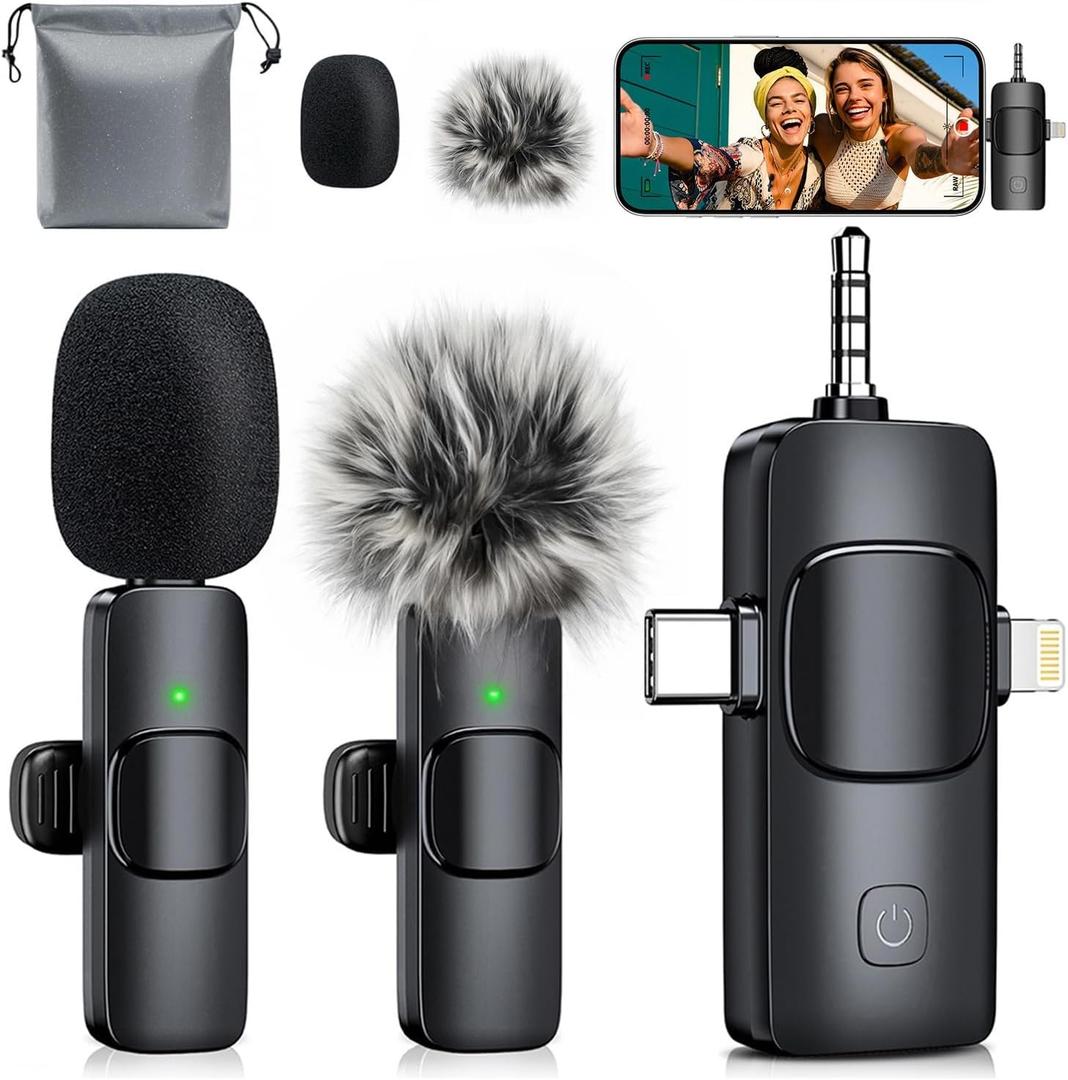 MENERESAS 3-in-1 Mini Microphone for iPhone: Wireless Lavalier Microphone with 80ft Range & 15H Battery - Noise Reduction Lapel Mic, Real-Time Monitoring for Video Recording Power Conditioners (Phantom black)