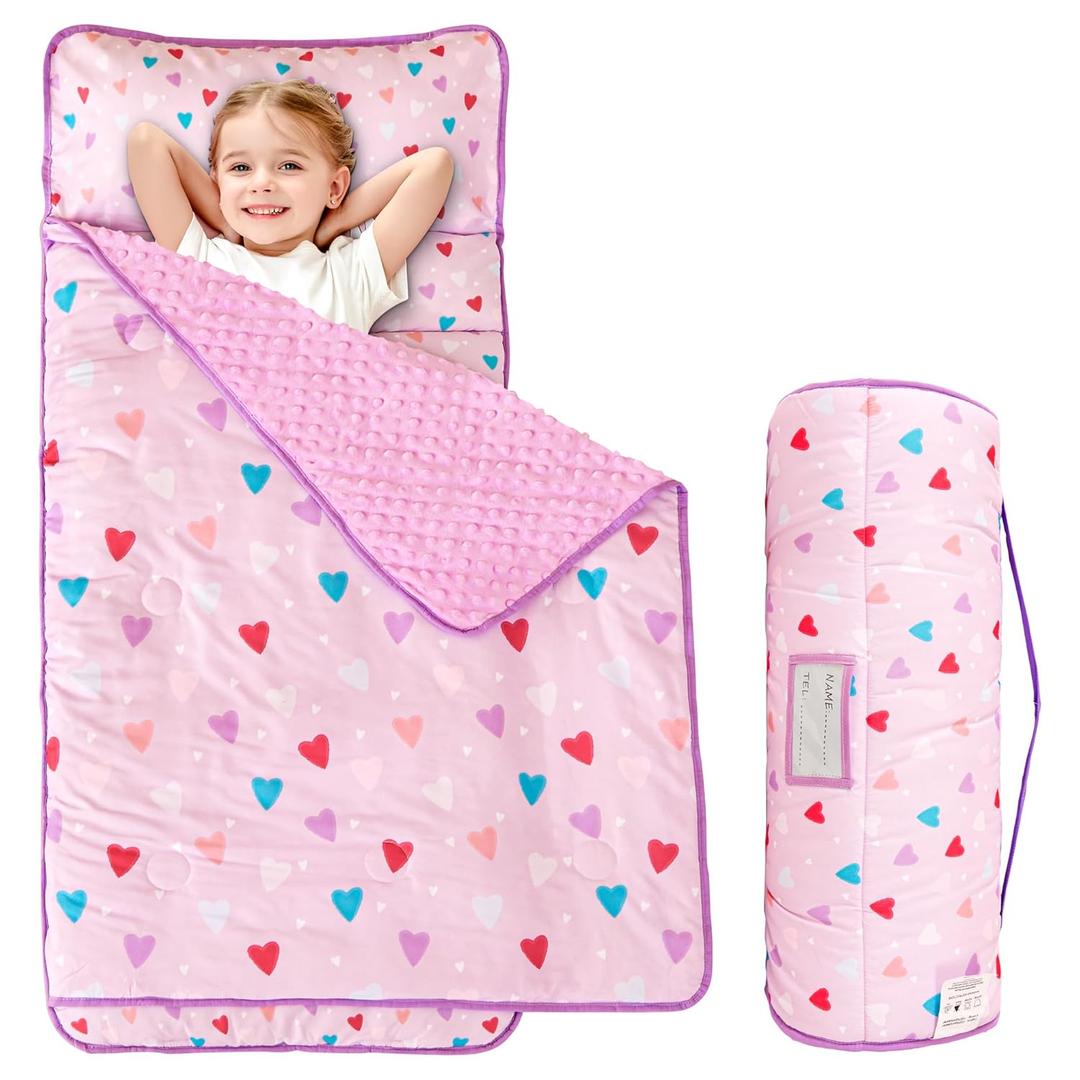 Viviland Toddler Kid Nap Mat for Preschool, Girls Heart Slumber Bag, Purple Daycare Mats with Pillow and Blanket, Kindergarten Mat