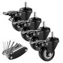 4Pcs 1.5 Inch Heavy Duty Caster Wheels, Swivel Casters with Brakes and M8 Threaded Stem, 110 Lbs Capacity Black Rubber Replacement Wheels for Furniture & Carts