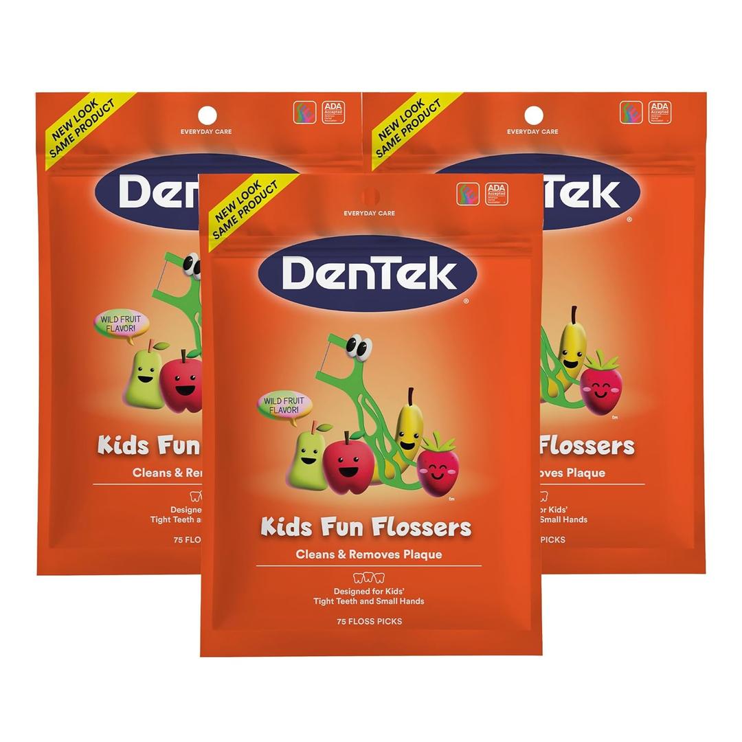 DenTek Fun Flossers  Kids Floss Picks with Wild Fruit Flavor, 75 Count, Pack of 3
